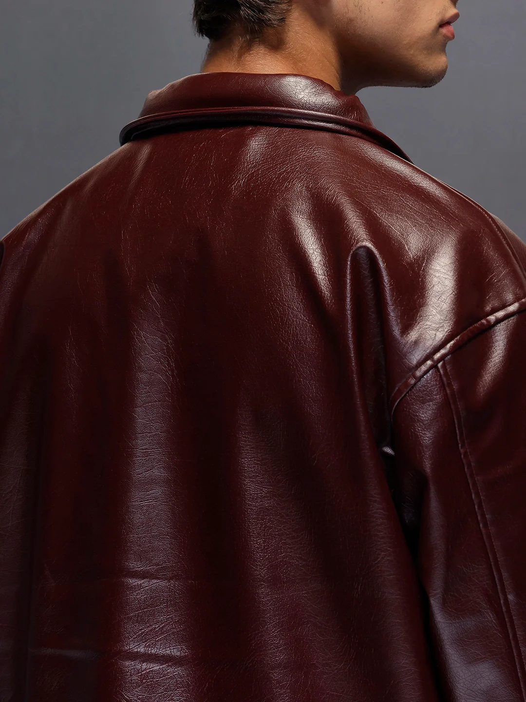 Men's Relaxed Fit Collared Fit PU Jacket  |  Wine - Image 4