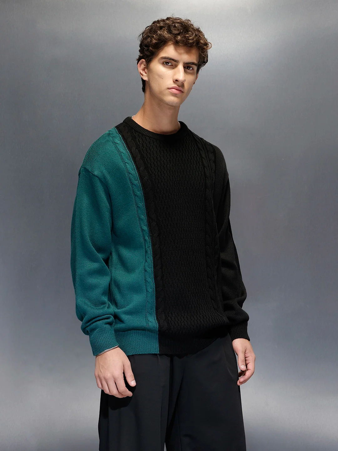 Men's Slim Fit Cable Knit Colorblocked Sweater  |  Black - Image 4