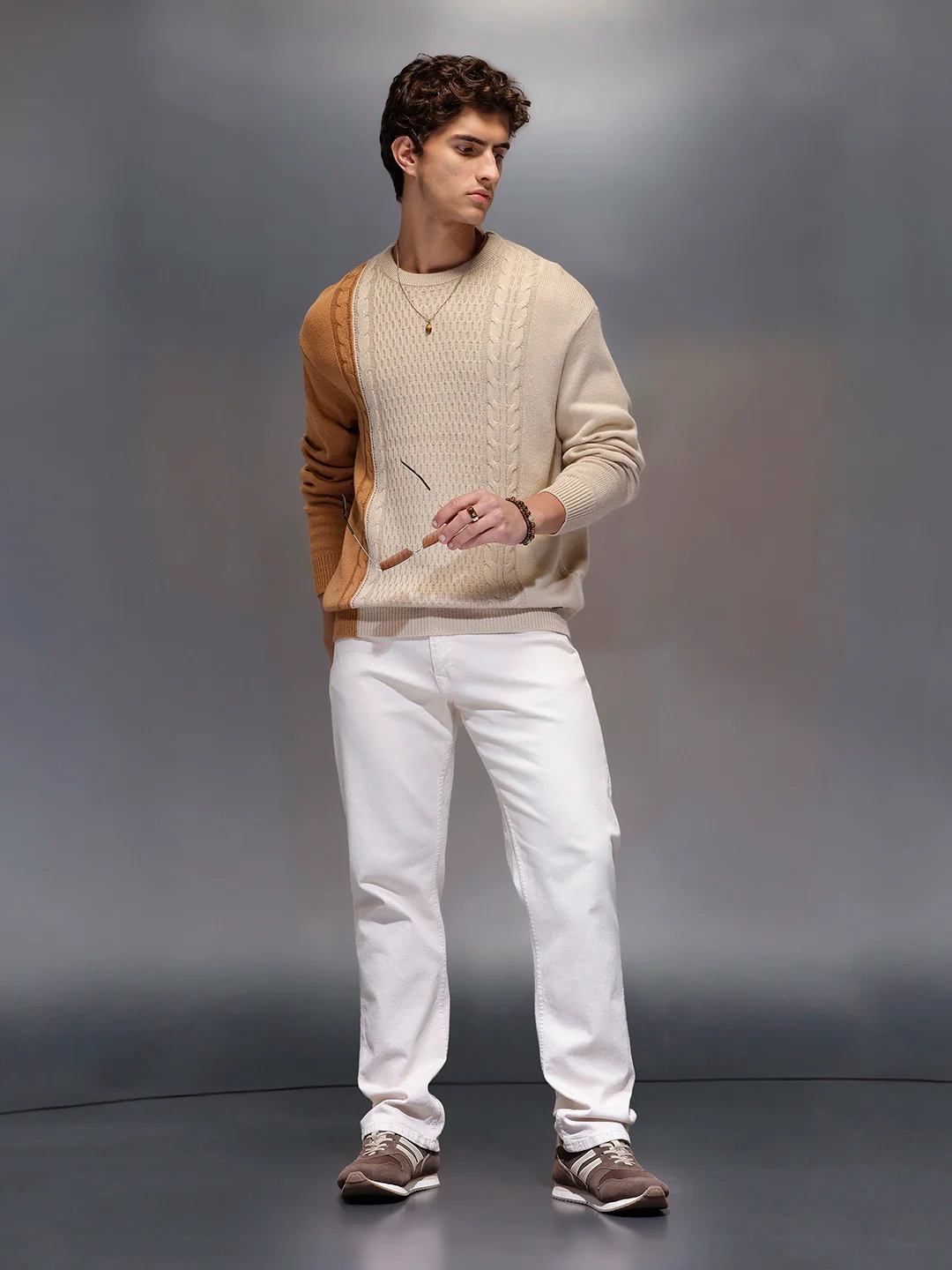 Men's Slim Fit Cable Knit Colorblocked Sweater  |  White - Image 2