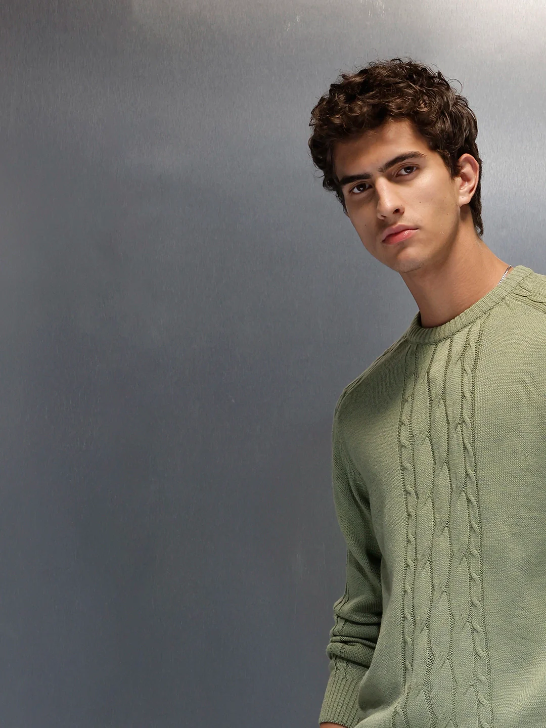 Men's Slim Fit Cable Knit Sweater  |  Green - Image 4