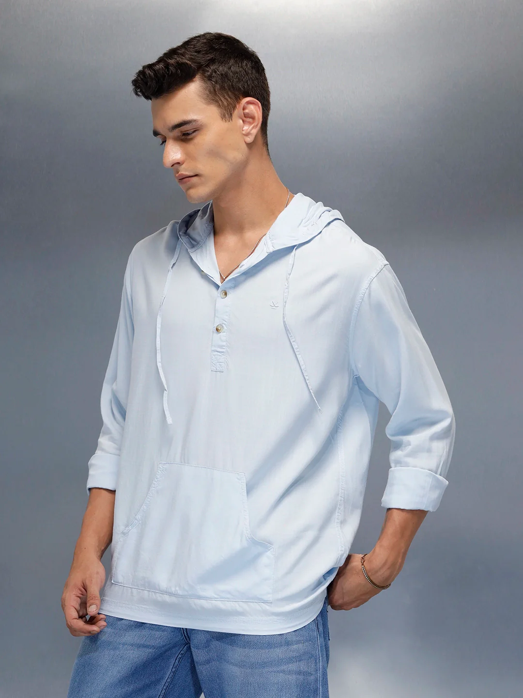 Men's slim fit casual hooded shirt | Blue - Image 4