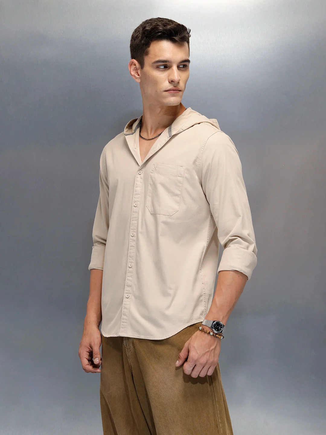 Men's Slim Fit Casual Hooded Shirt | Brown - Image 4