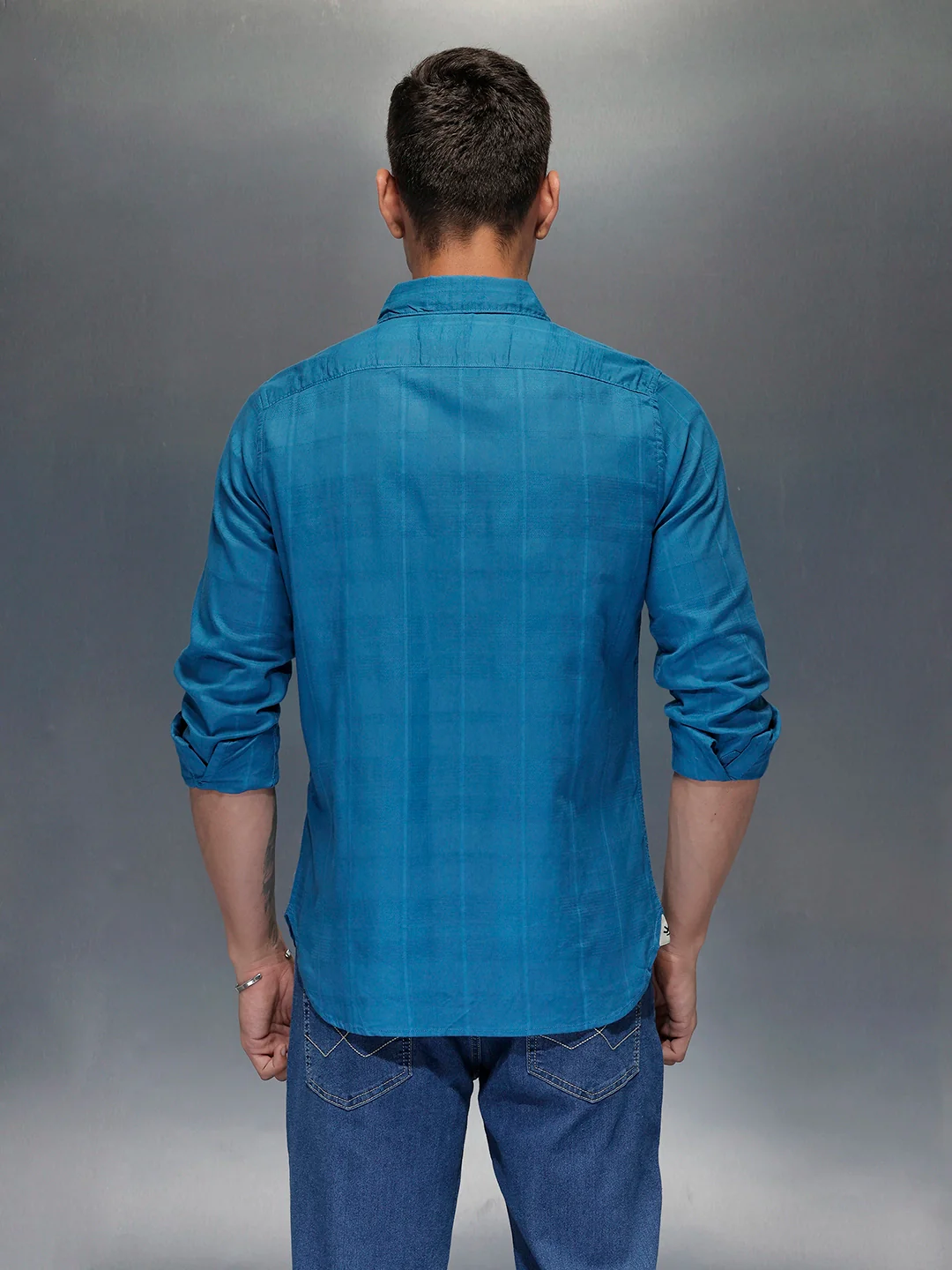 Men's slim fit casual shirt with checked weave pattern | Blue - Image 3