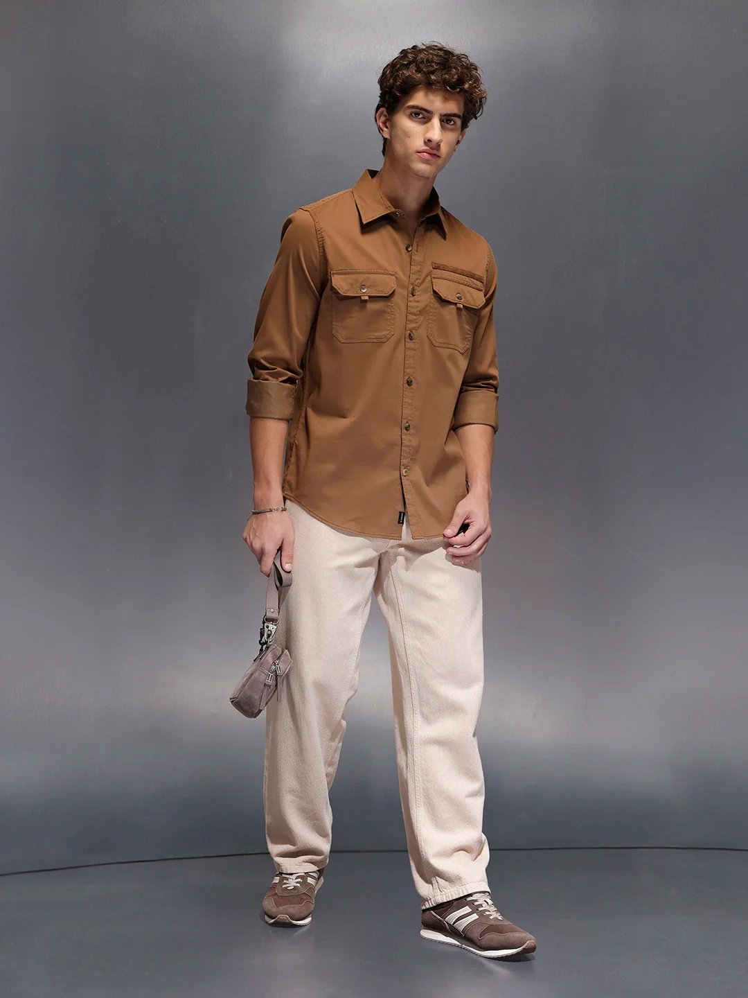 Men's Slim Fit Casual Shirt with Double Pocket  |  Khaki - Image 2