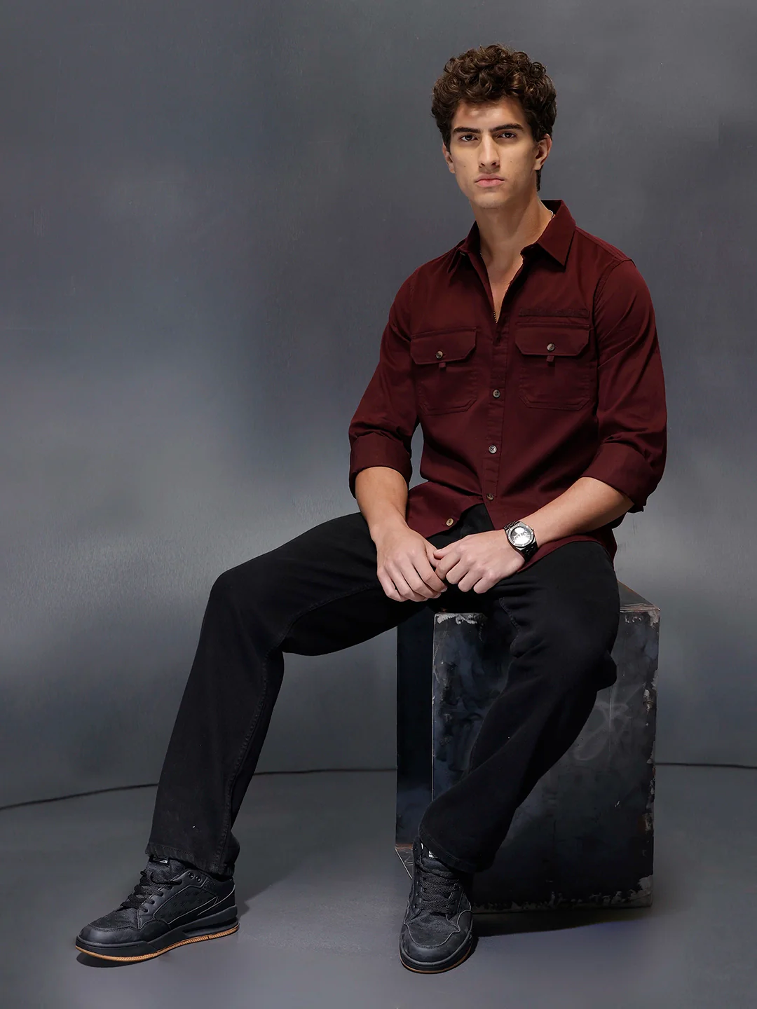 Men's Slim Fit Casual Shirt with Double Pocket  |  Wine - Image 2
