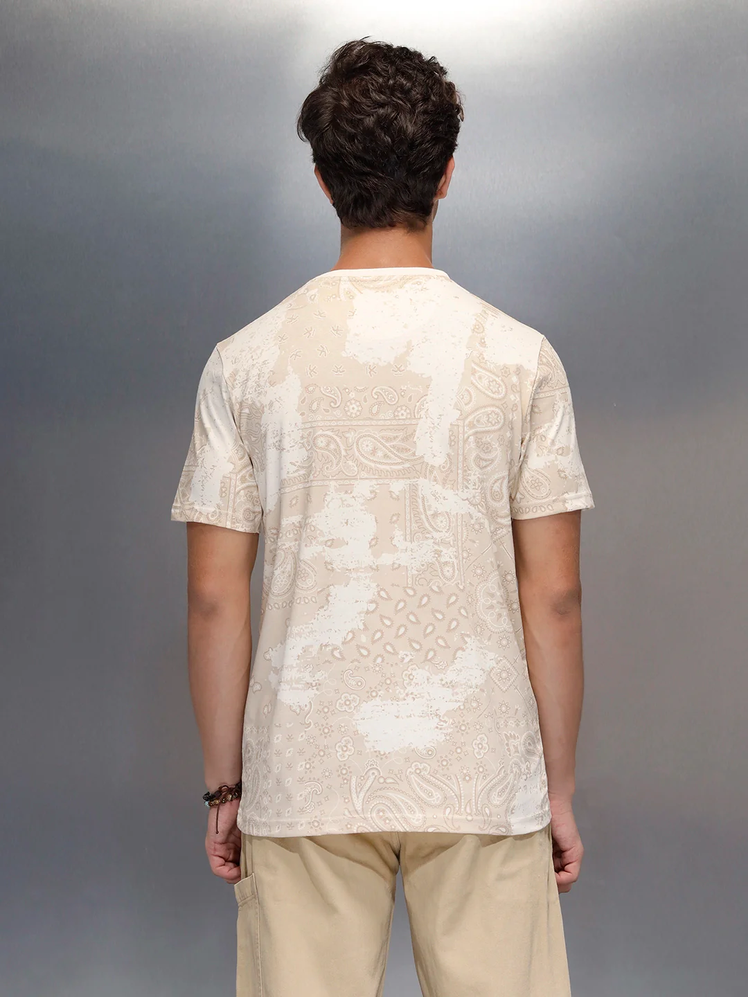 Men's slim fit Casual Tshirt with Paisley AOP  | Beige - Image 3
