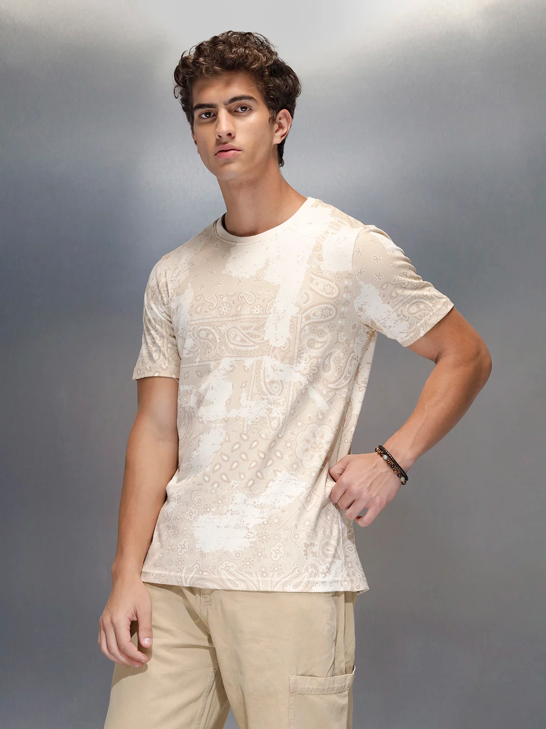 Men's slim fit Casual Tshirt with Paisley AOP  | Beige - Image 4