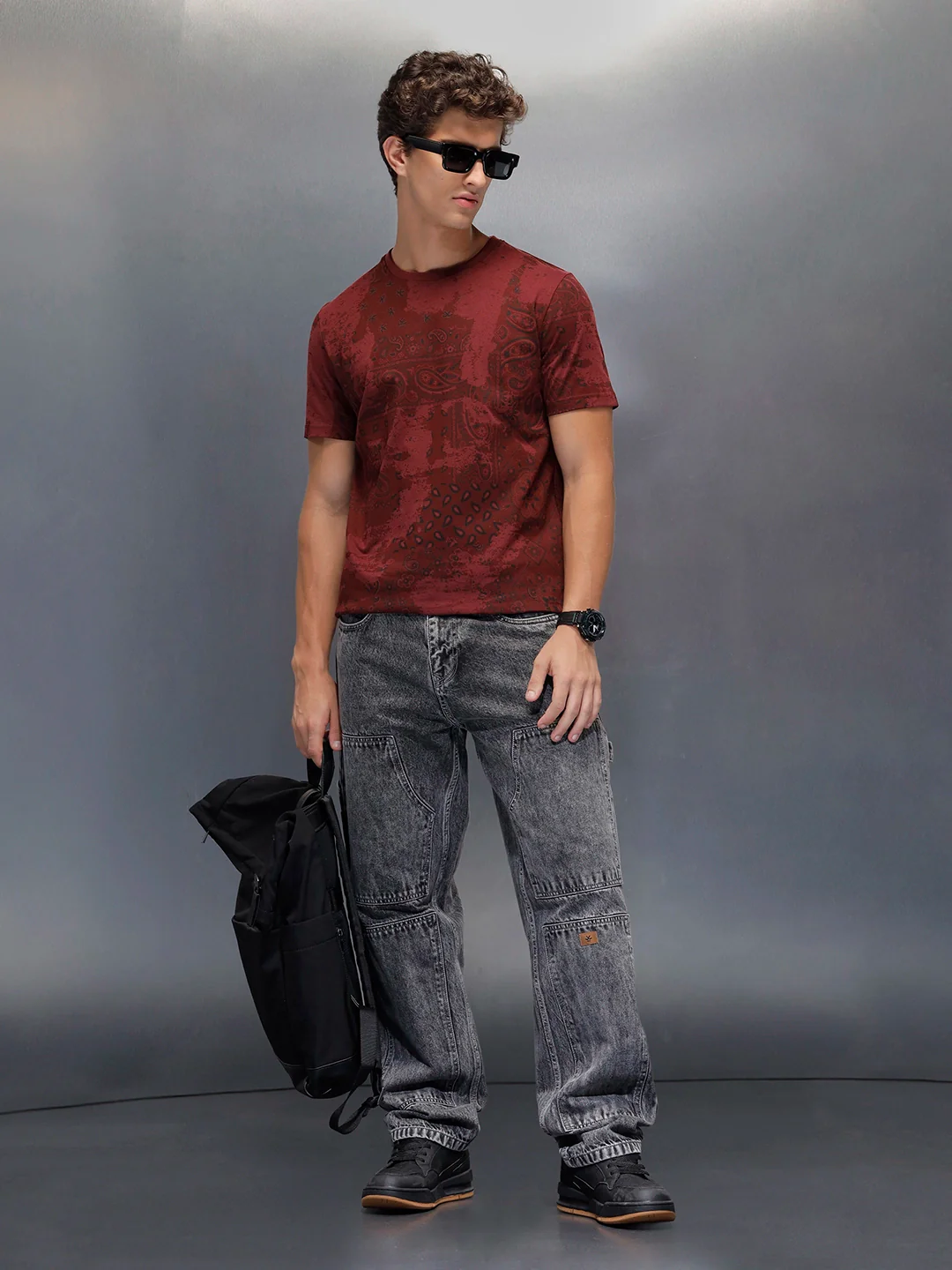Men's slim fit Casual Tshirt with Paisley AOP  | Maroon - Image 2