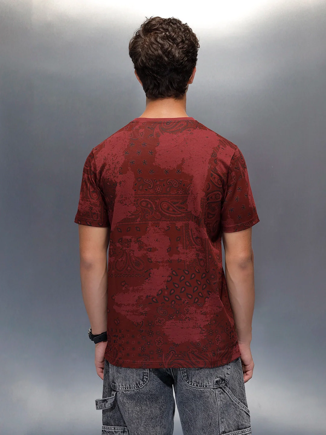 Men's slim fit Casual Tshirt with Paisley AOP  | Maroon - Image 3