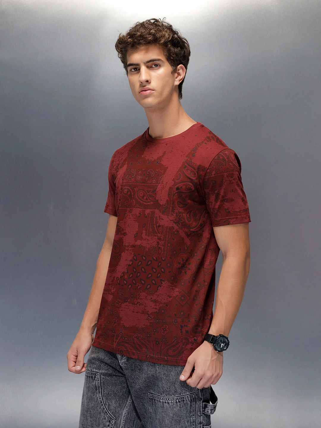 Men's slim fit Casual Tshirt with Paisley AOP  | Maroon - Image 4