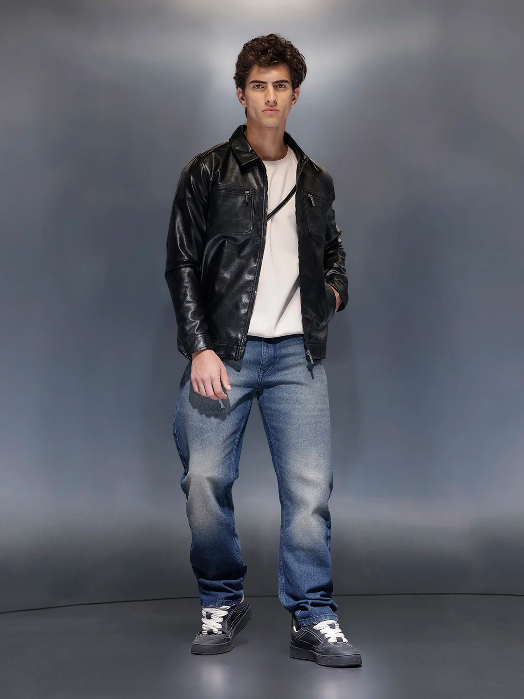Men's Slim Fit PU Collared Jacket  |  Black - Image 2