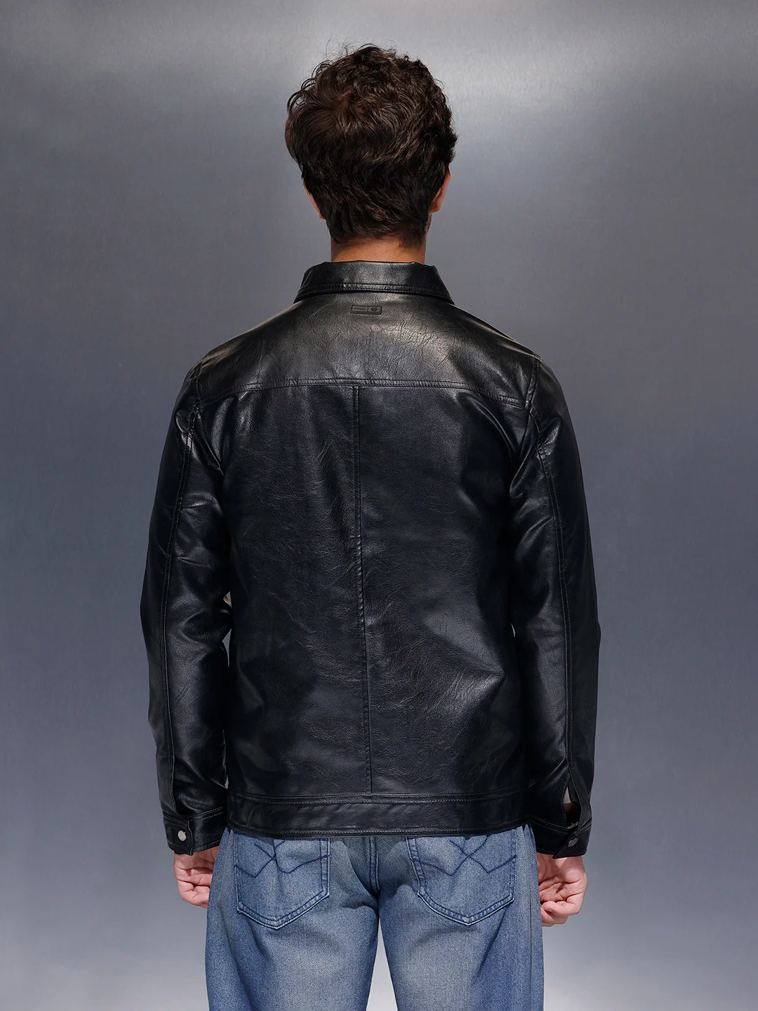 Men's Slim Fit PU Collared Jacket  |  Black - Image 3