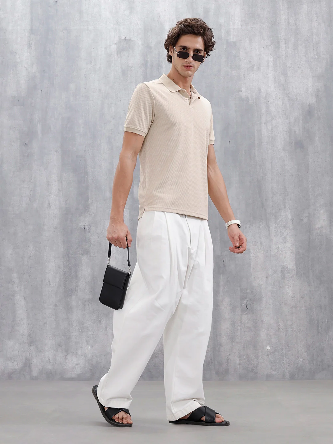 Men's Slim Fit Textured Polo | Beige - Image 2