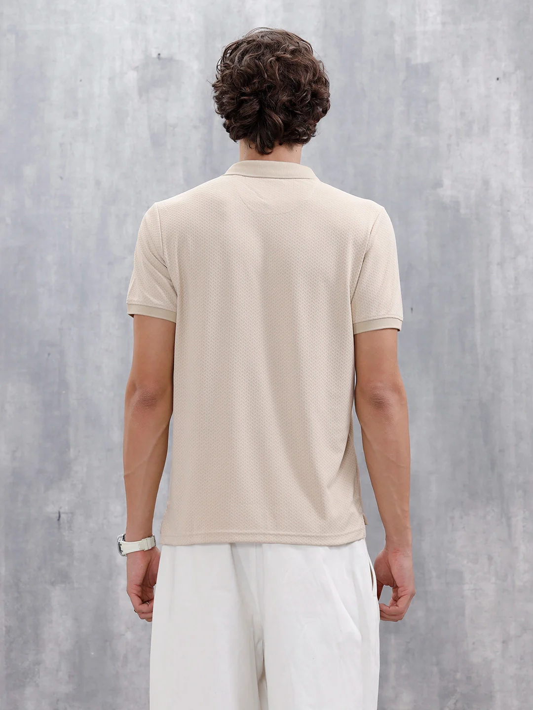 Men's Slim Fit Textured Polo | Beige - Image 3