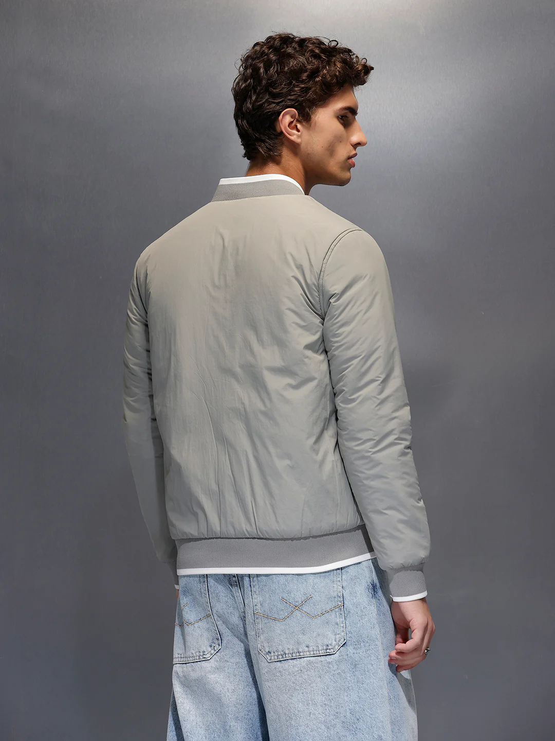Men's Slim Fit Zip-up Nylon Jacket with Bottom Rib  |  Grey - Image 3