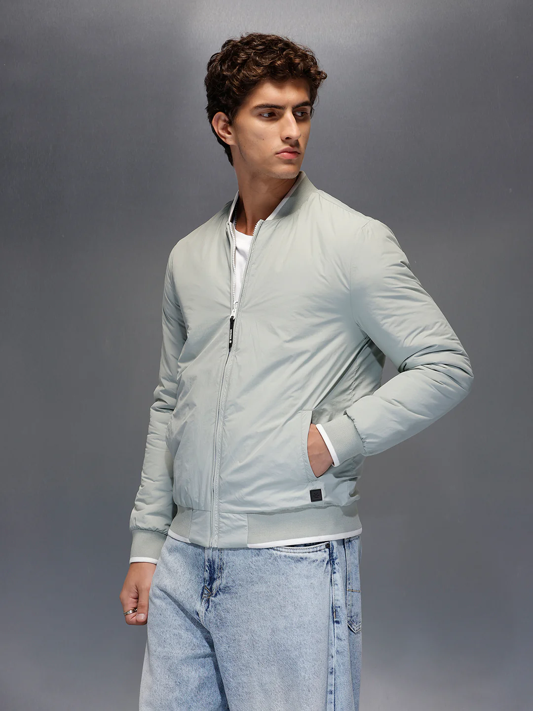 Men's Slim Fit Zip-up Nylon Jacket with Bottom Rib  |  Grey - Image 4