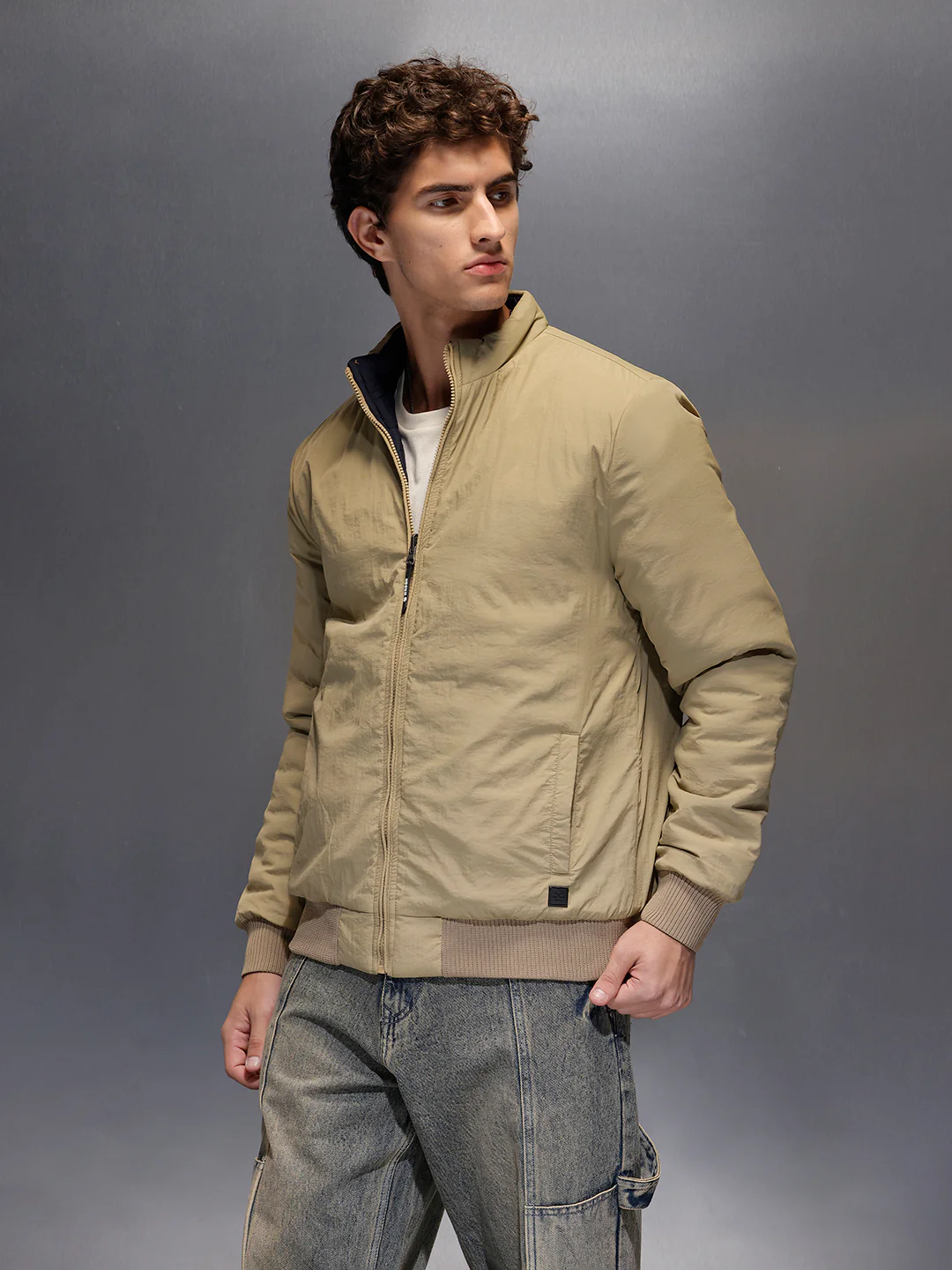 Men's Slim Fit Zip-up Nylon Jacket with Bottom Rib  |  Olive - Image 4