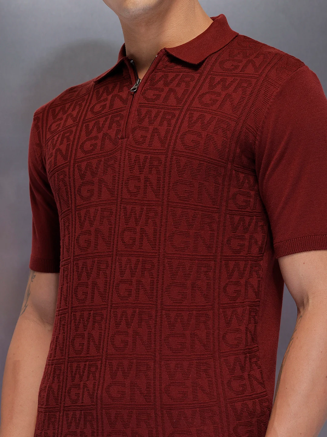 Men's slims fit polo with self design fabric | Maroon - Image 4