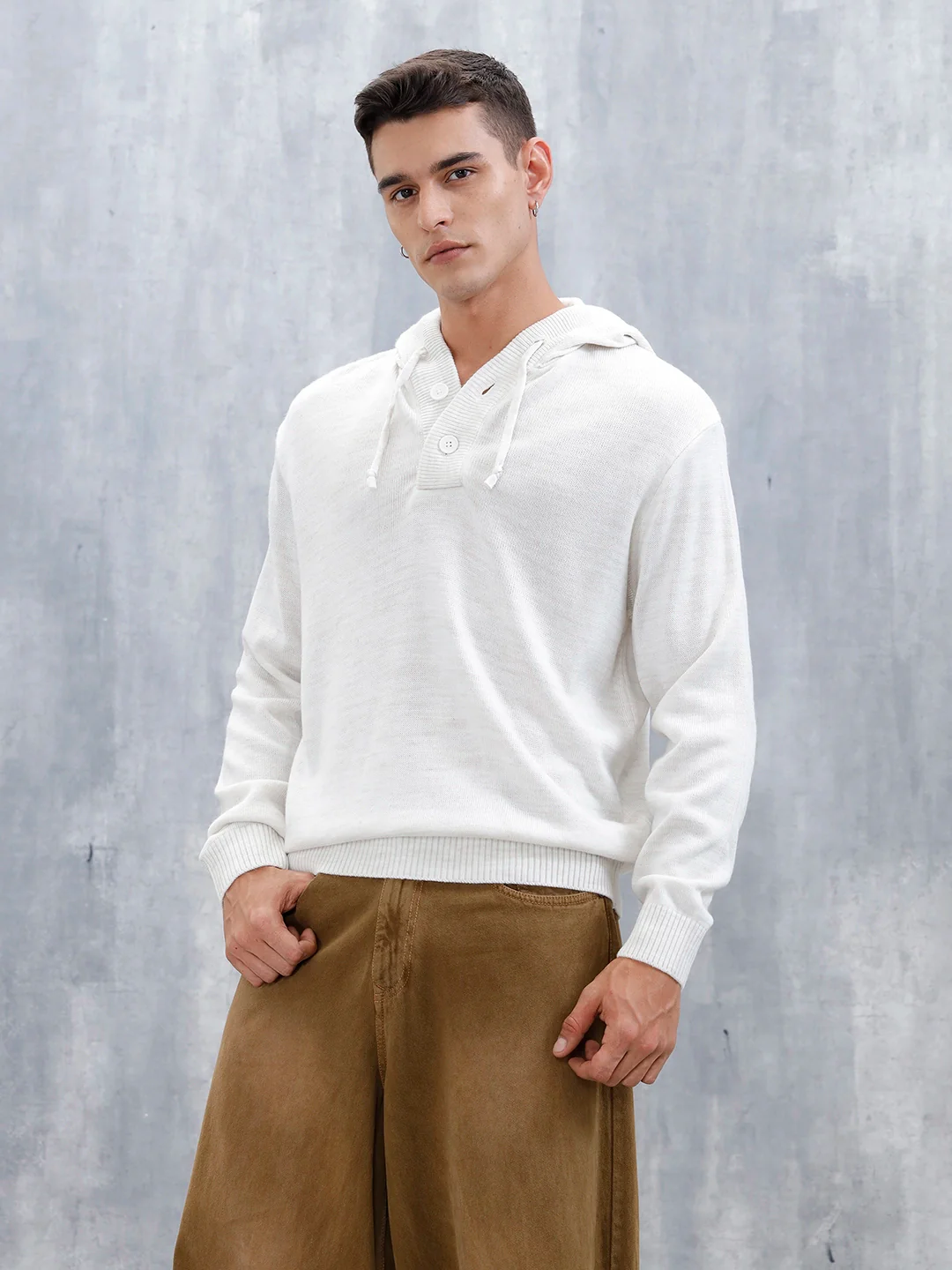Men's Solid Casual Hoodie Pullover | White - Image 4