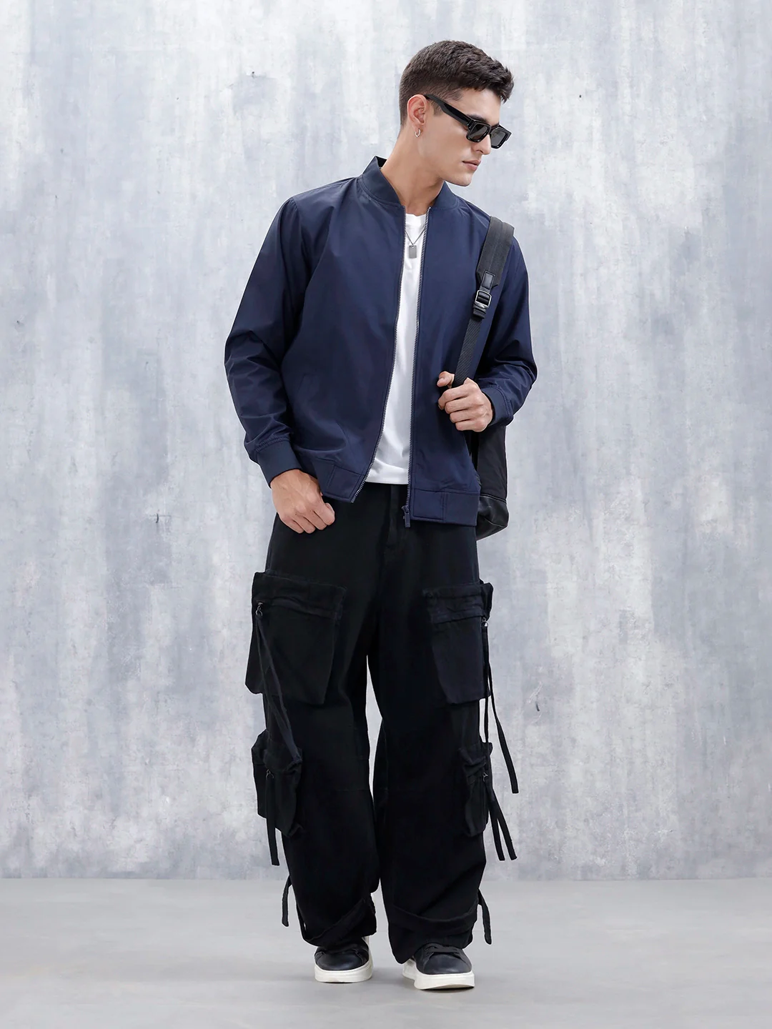 Men's Solid Casual Regular Fit Bomber Jacket | Navy Blue - Image 2
