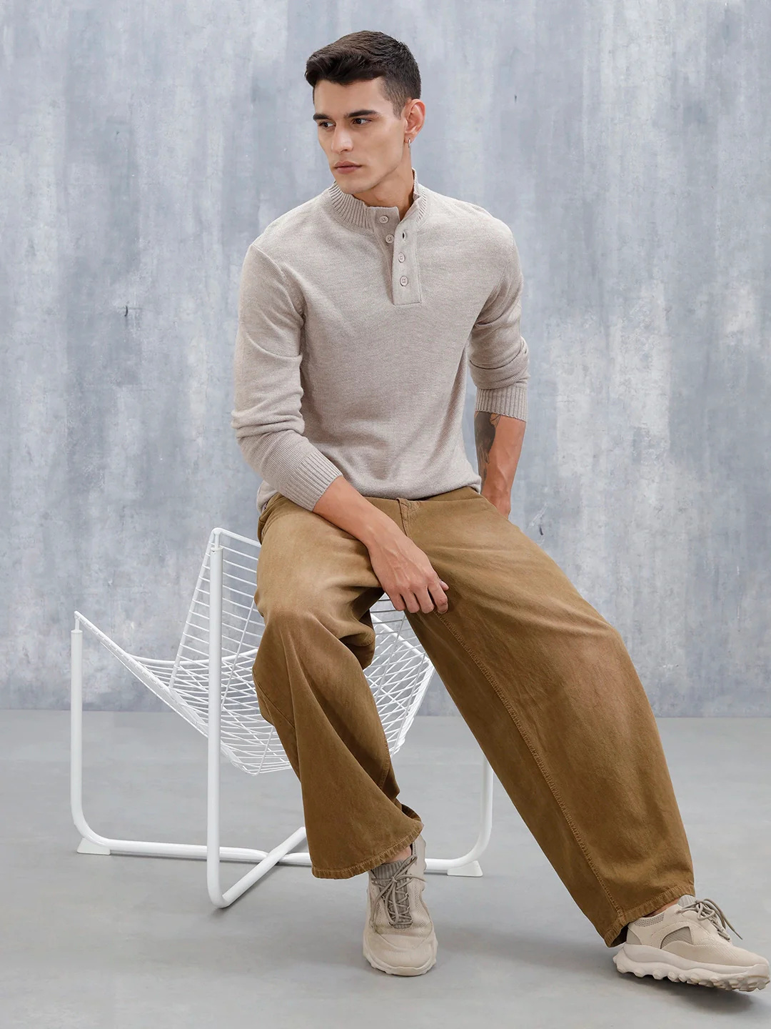Men's Solid Slim Fit Pullover | Cream - Image 2