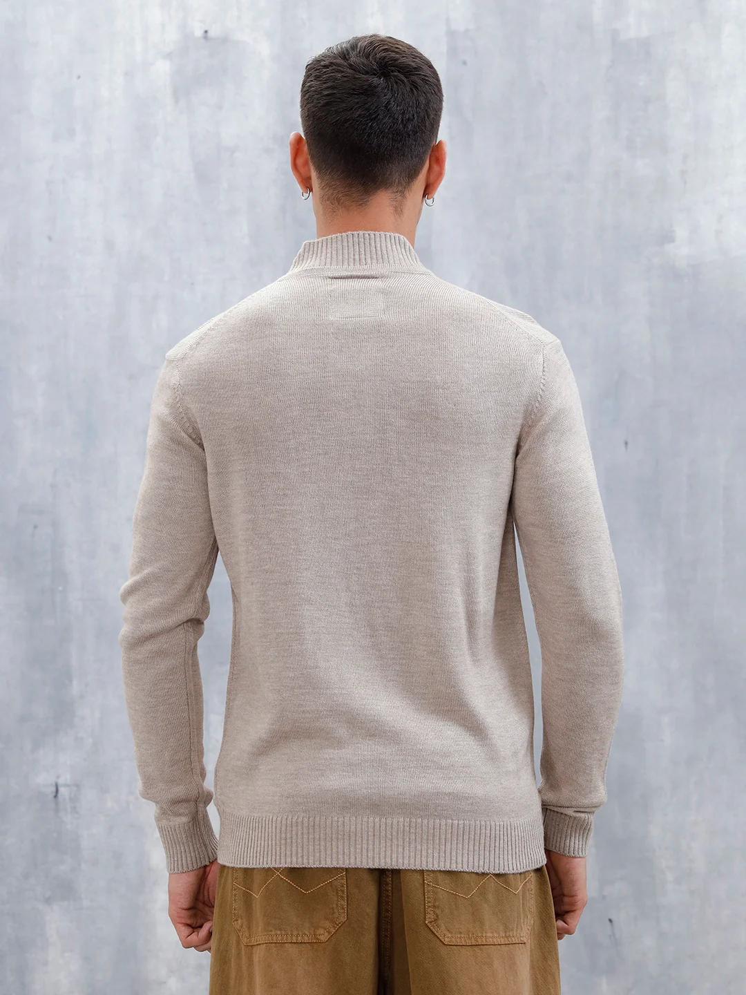 Men's Solid Slim Fit Pullover | Cream - Image 3