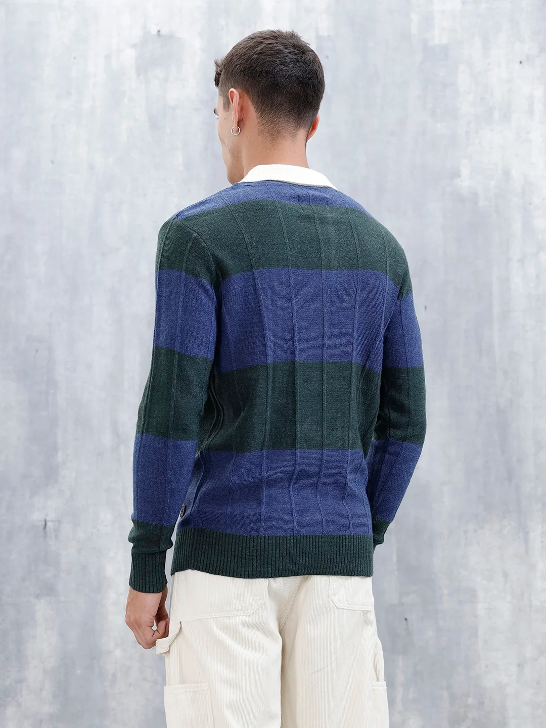 Men's Striped Polo Collar Sweater | Blue - Image 3