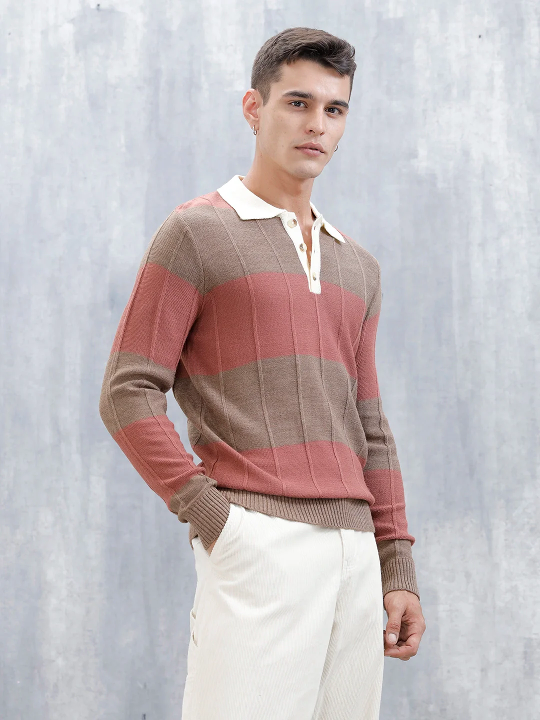 Men's Striped Polo Collar Sweater | Brown - Image 4