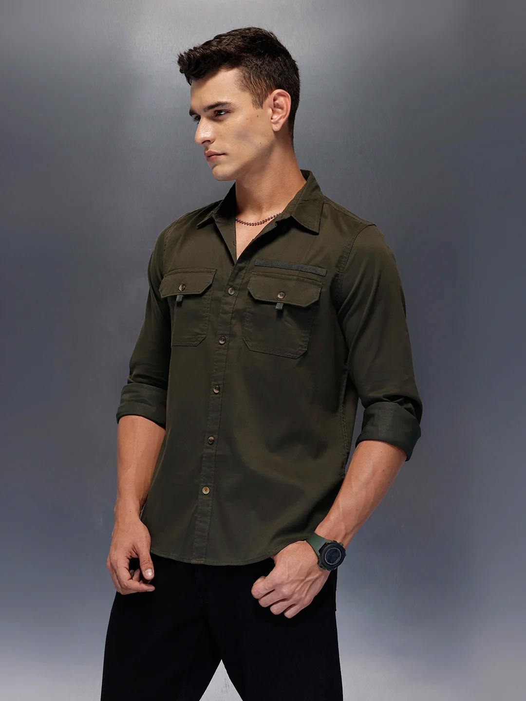 Men's structured shirt with pocket styling | Olive - Image 4