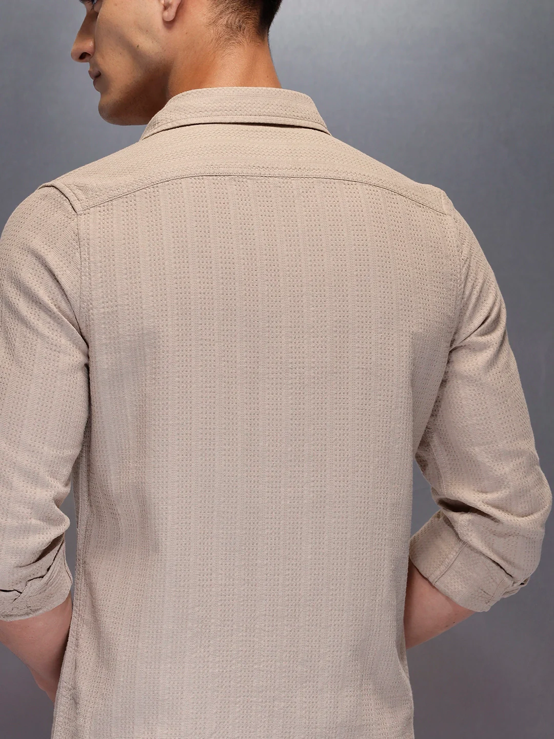 Men's textured full sleeve shirt with subtle pattern | Beige - Image 5