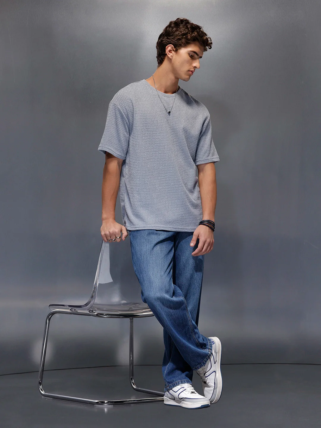Men's Textured Oversized T-shirt  |  Blue - Image 2