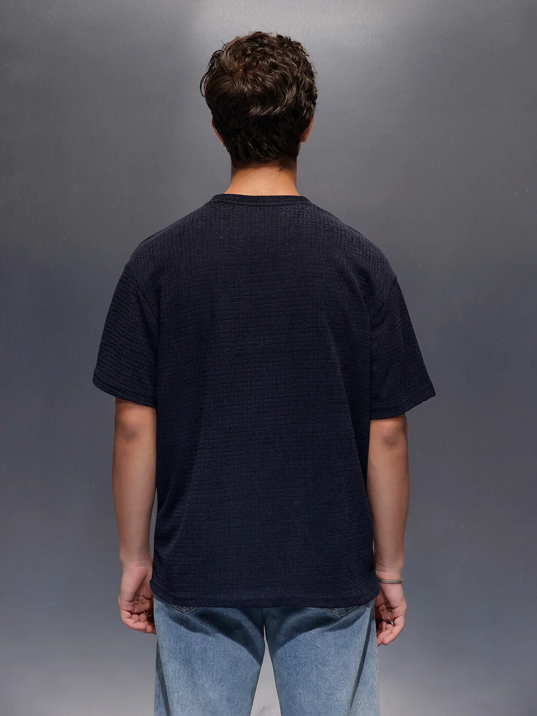 Men's Textured Oversized T-shirt  |  Navy Blue - Image 3