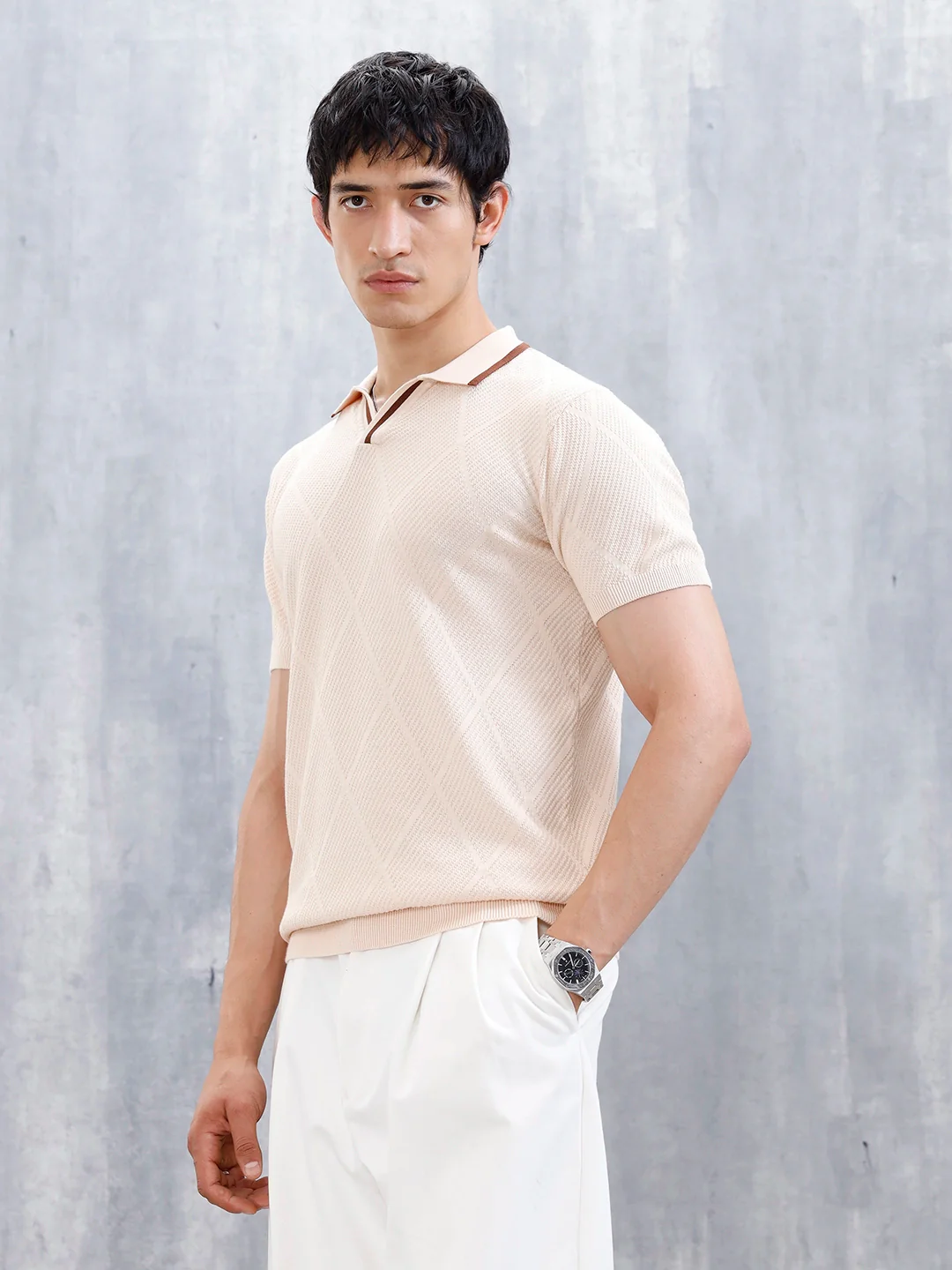 Men's Textured Slim Fit Polo Tshirt | Beige - Image 4