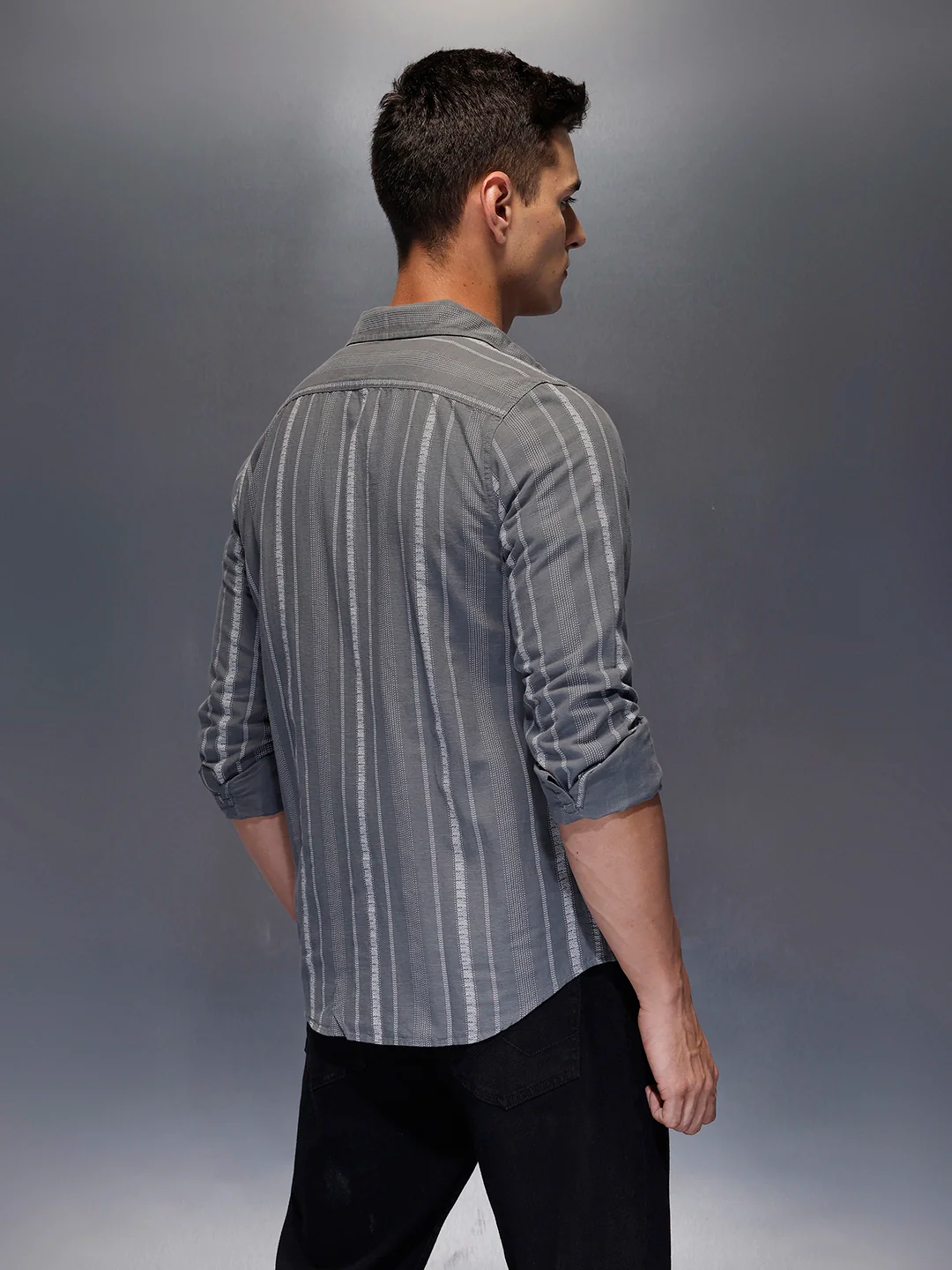 Men's textured vertical striped casual shirt | Dark Grey - Image 3