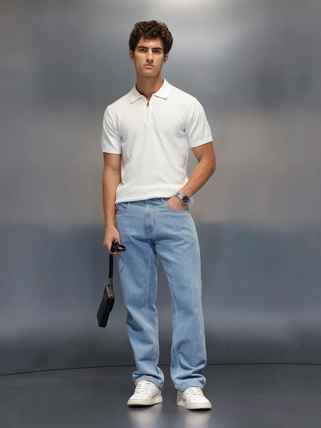Men's Textured Zip- Up Polo T-Shirt  |  White - Image 2
