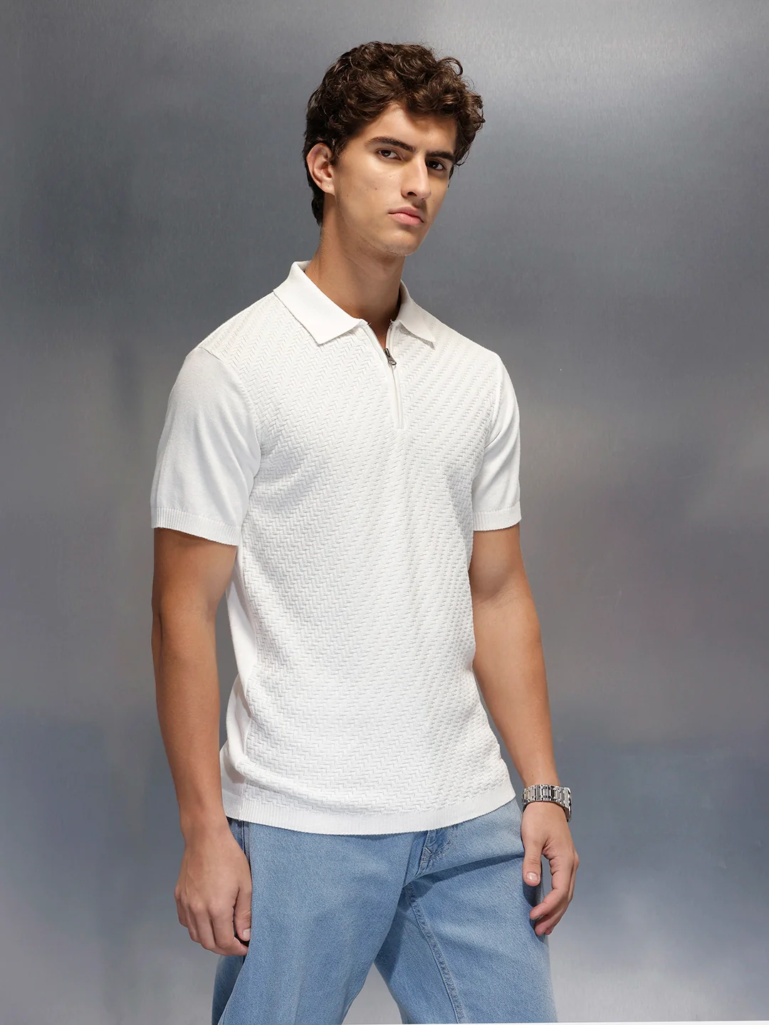 Men's Textured Zip- Up Polo T-Shirt  |  White - Image 3