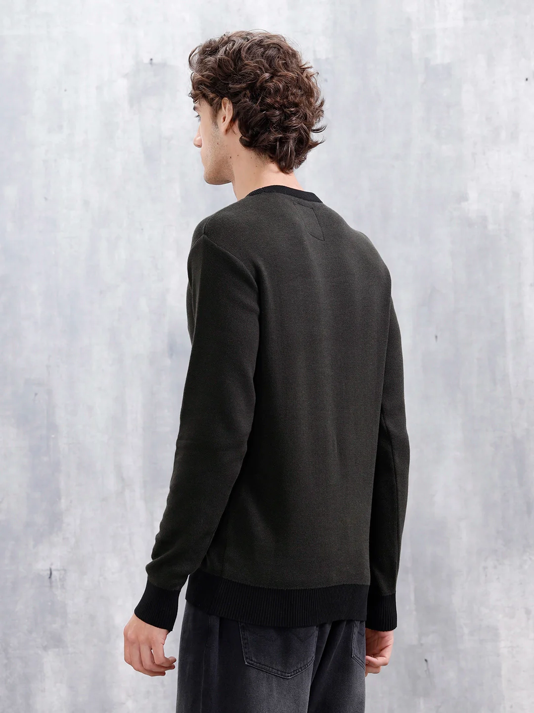 Men's Typo Printed Slim Fit Pullover | Olive - Image 3