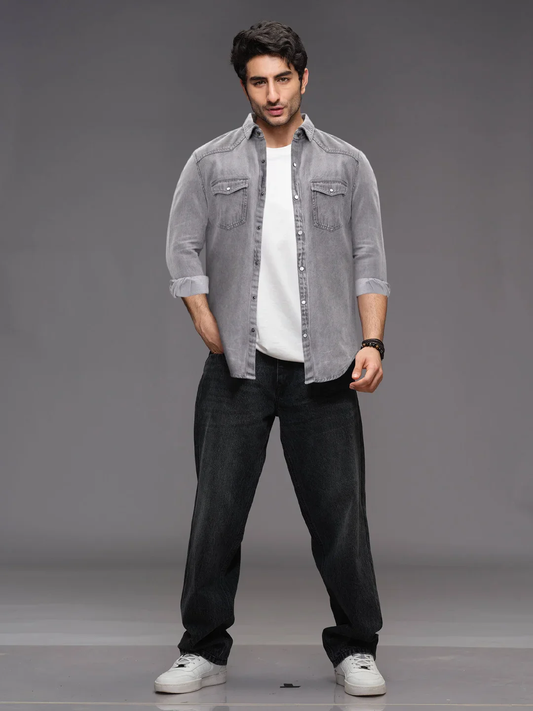 Men's Washed Slim Fit Denim Shirt | Grey - Image 2