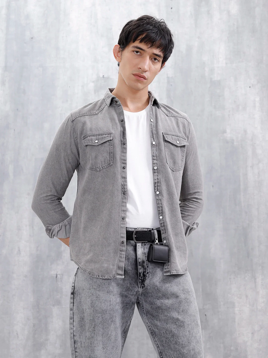 Men's Washed Slim Fit Denim Shirt | Grey - Image 3