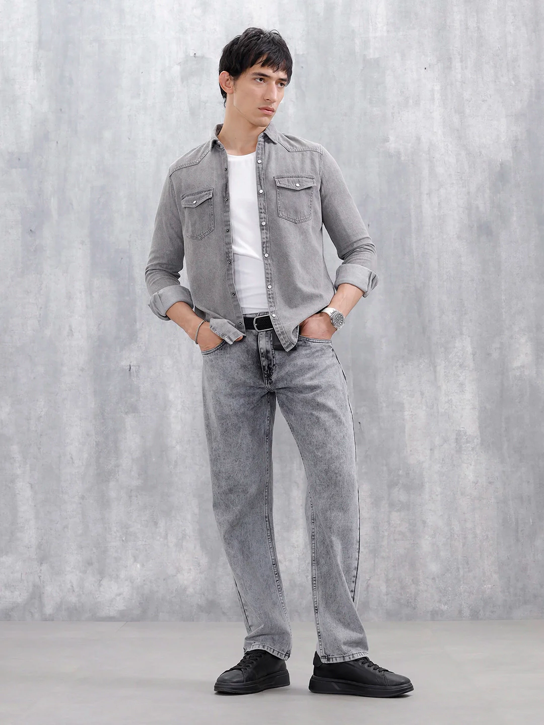 Men's Washed Slim Fit Denim Shirt | Grey - Image 4