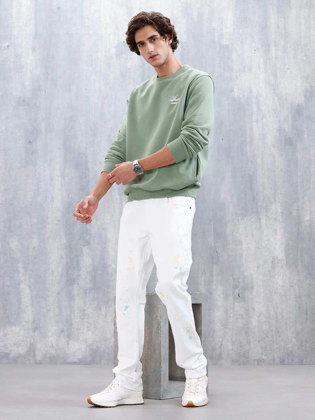 Men's Causal Straight Fit Splatter Effect Jeans | White - Image 2