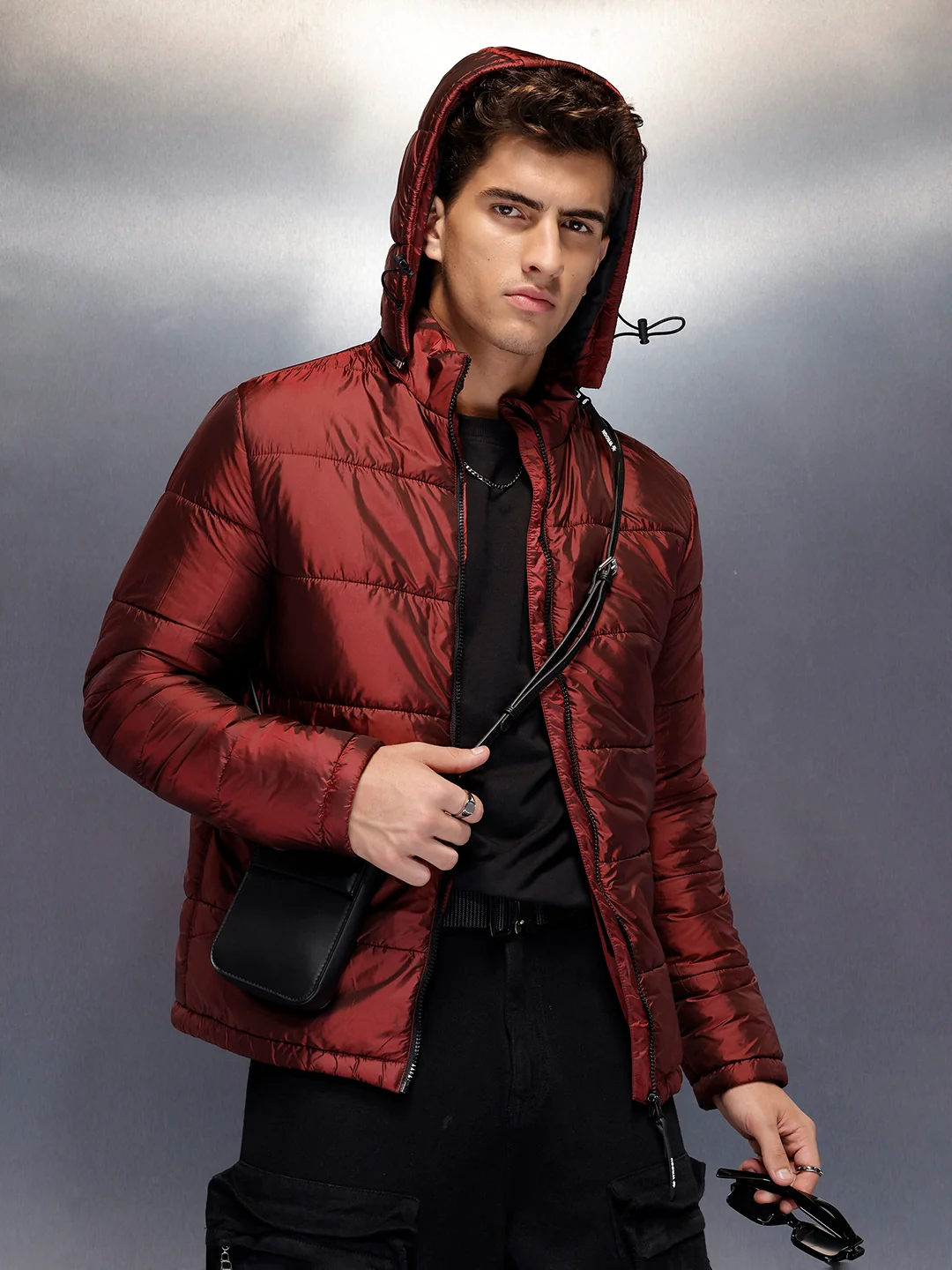 Metallic puffer jacket with hood | Wine - Image 5
