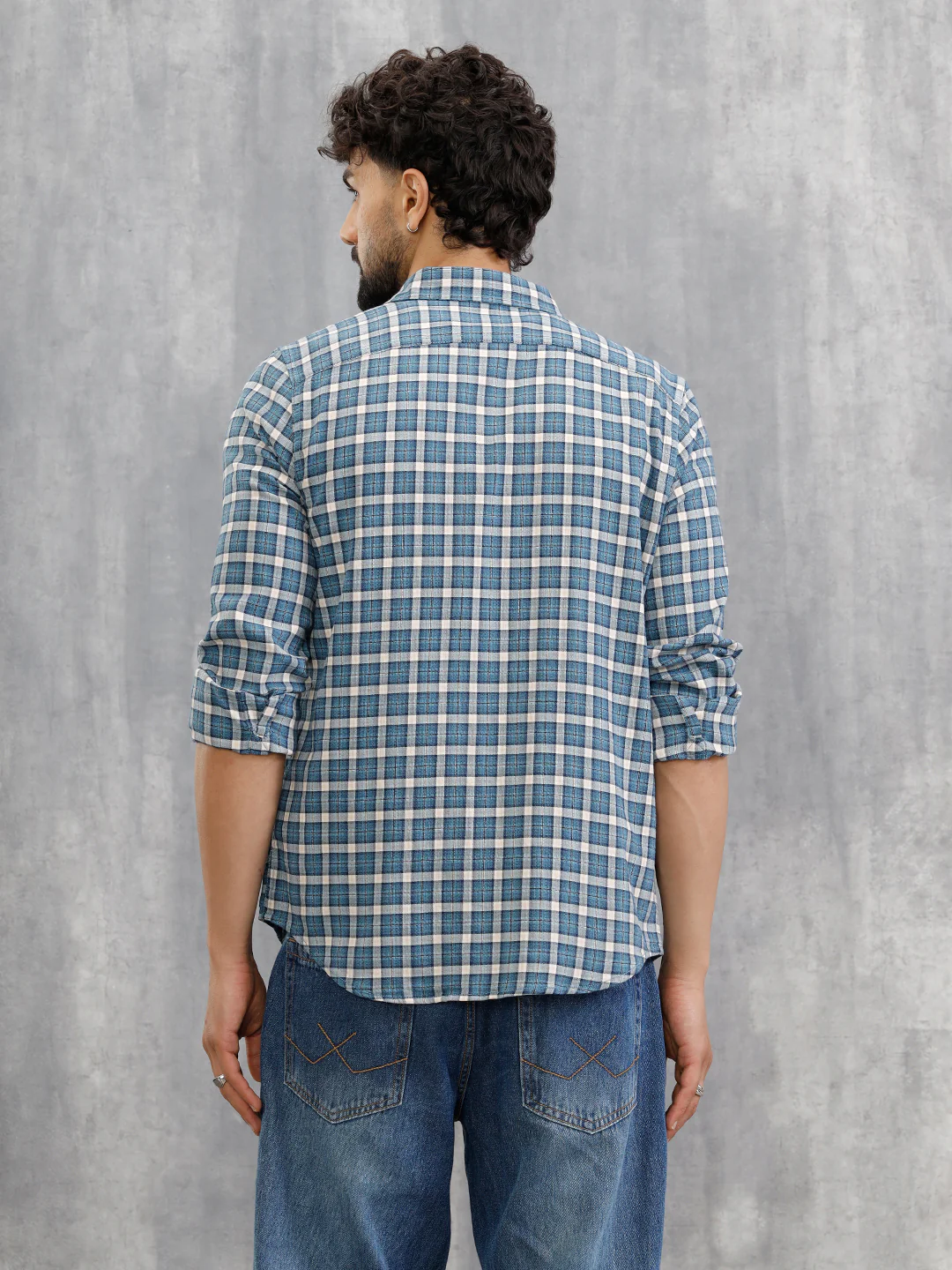 Micro Check Shirt In Seersucker Fabric | Blue - Image 3