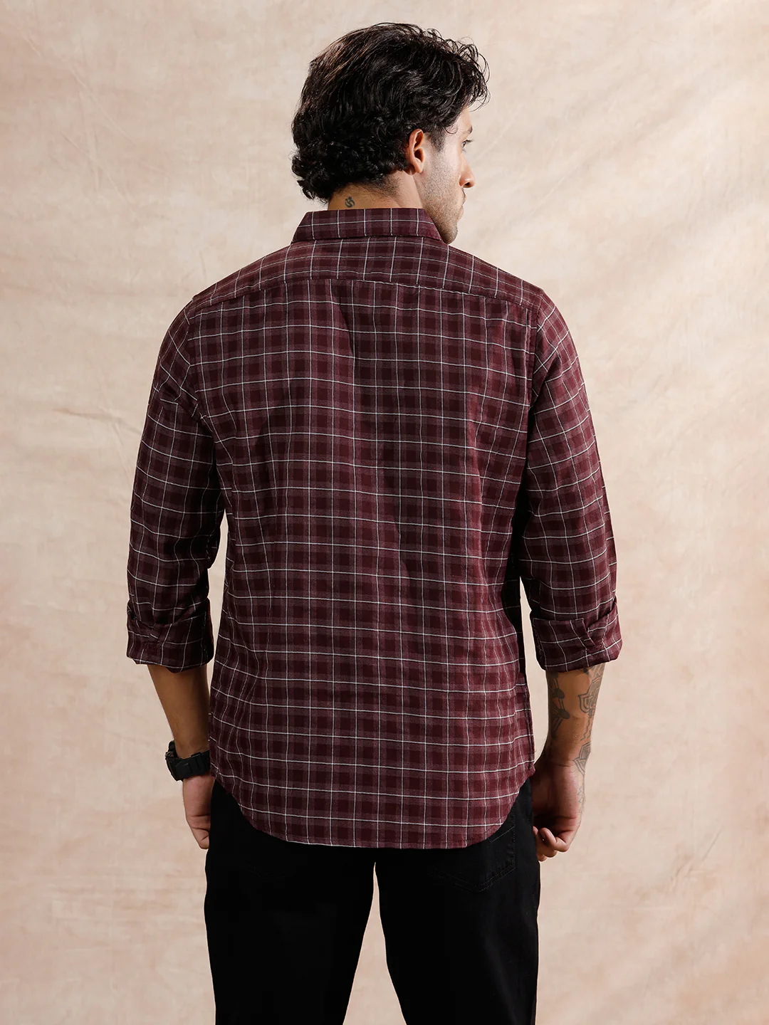 Micro Checks Pattern Regular Fit Shirt | Maroon - Image 3