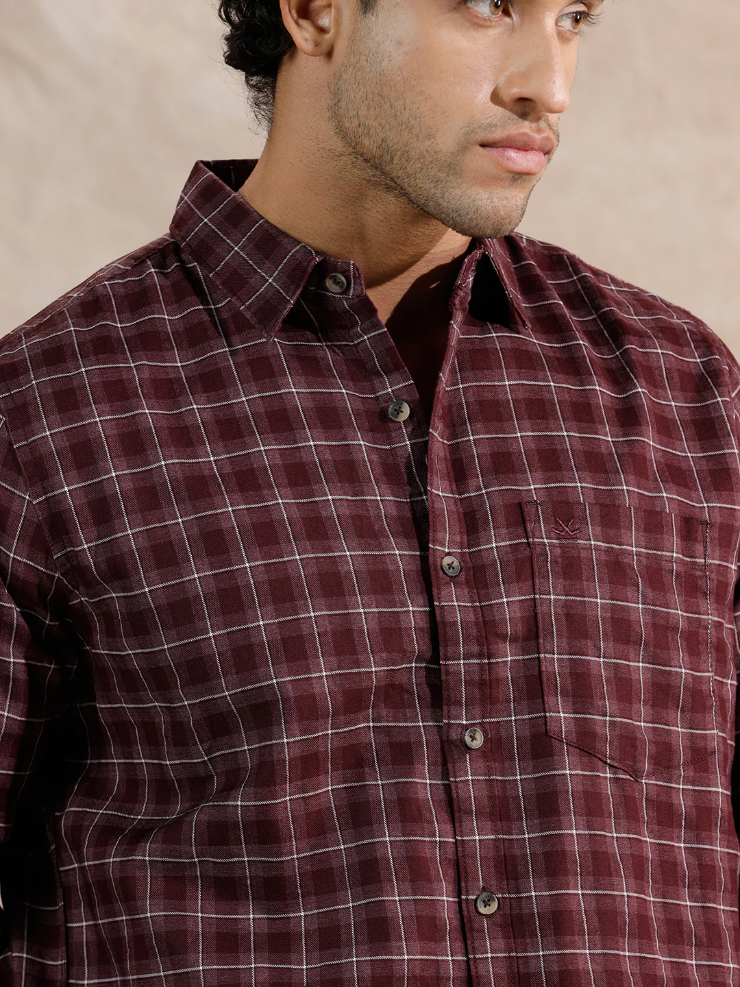 Micro Checks Pattern Regular Fit Shirt | Maroon - Image 5