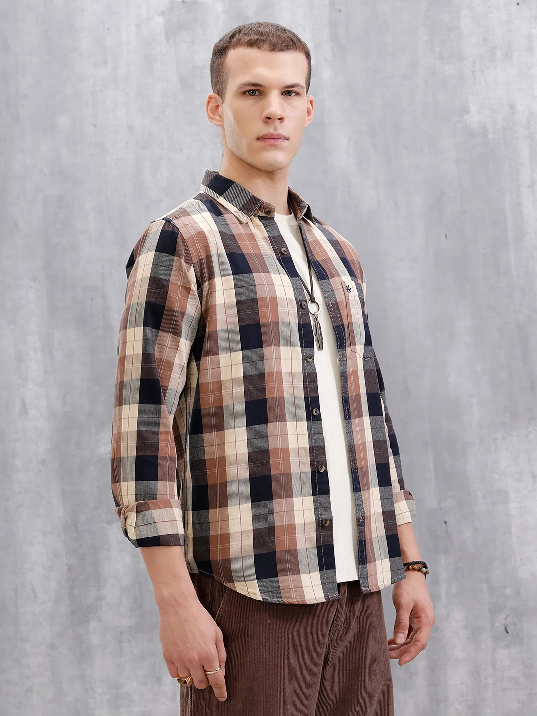 Micro Cord Checked Shirt | Brown - Image 4