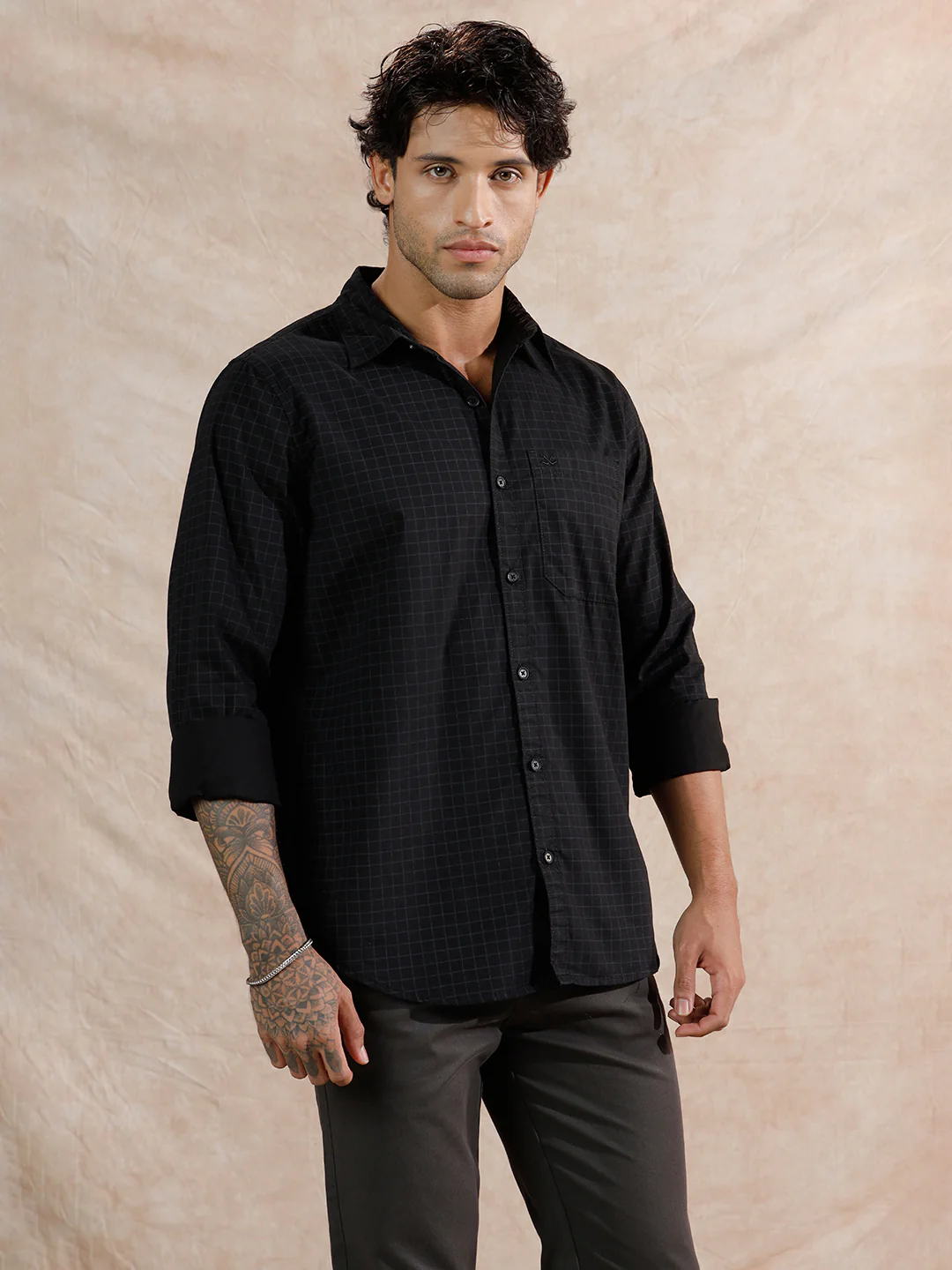 Micro Printed Checked Regular Fit Shirt | Black - Image 4