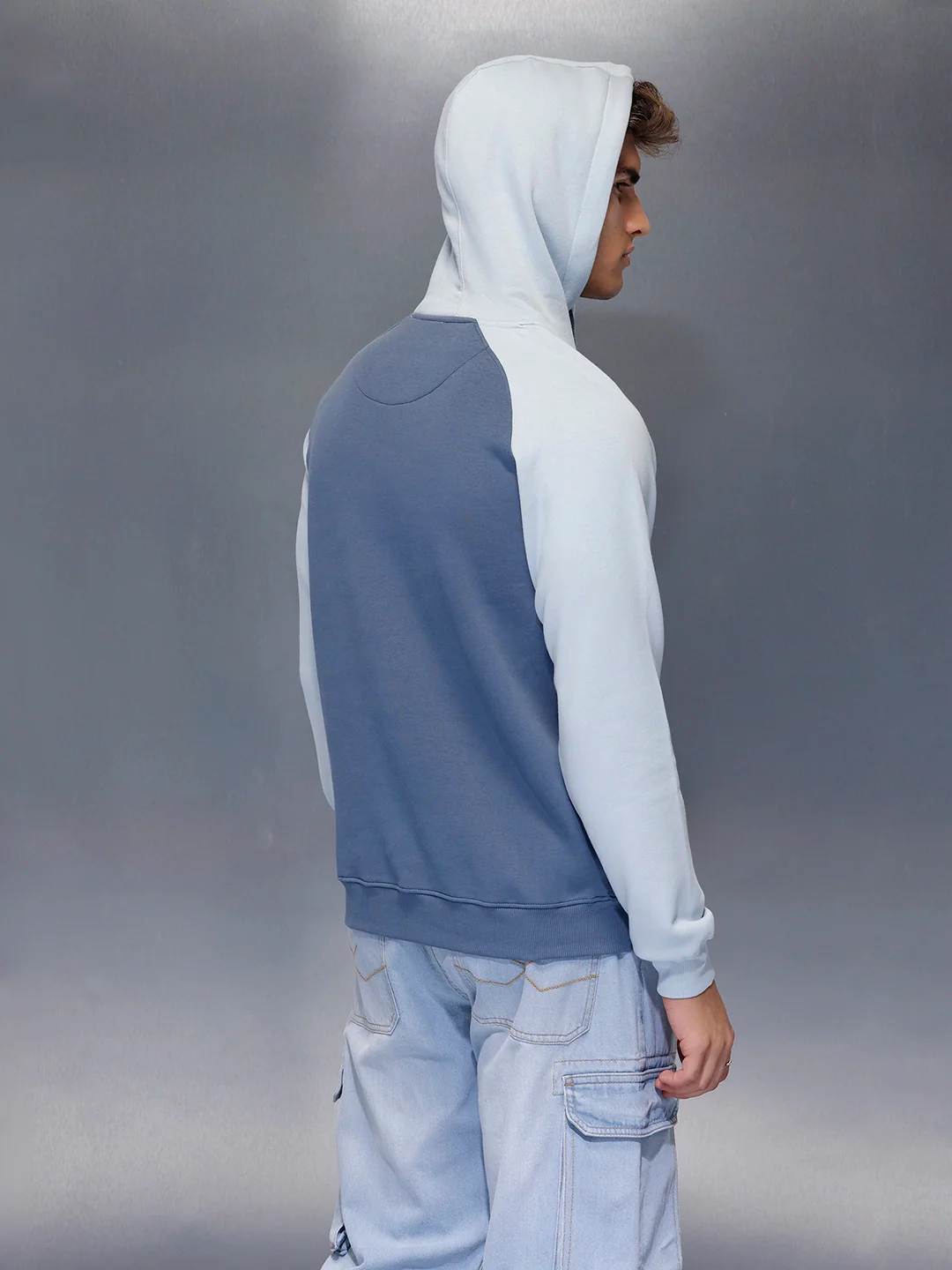 Minimal Dual-Tone Casual Hoodie | Blue - Image 3