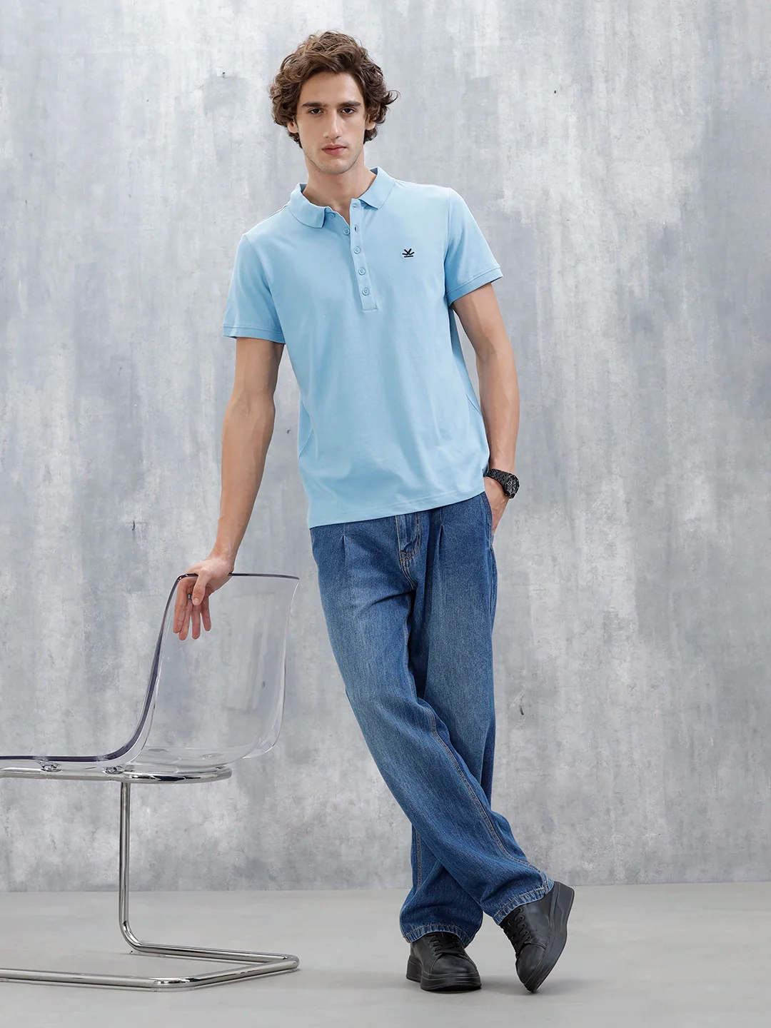 Minimalist Solid Polo Tee For Men | Light Blue - Image 2