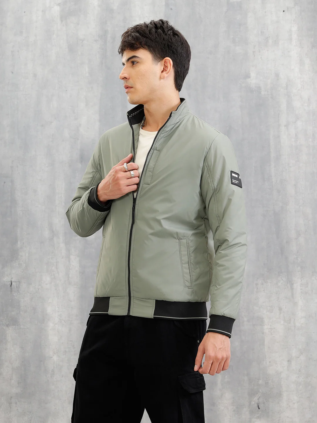 Mock Neck Full Zippered Regular Fit Jacket | Green - Image 4